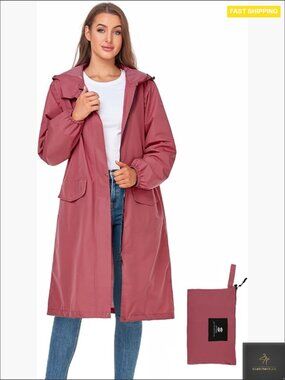 Waterproof Hooded Rain Jacket Lightweight Packable Knee Length Long Coat